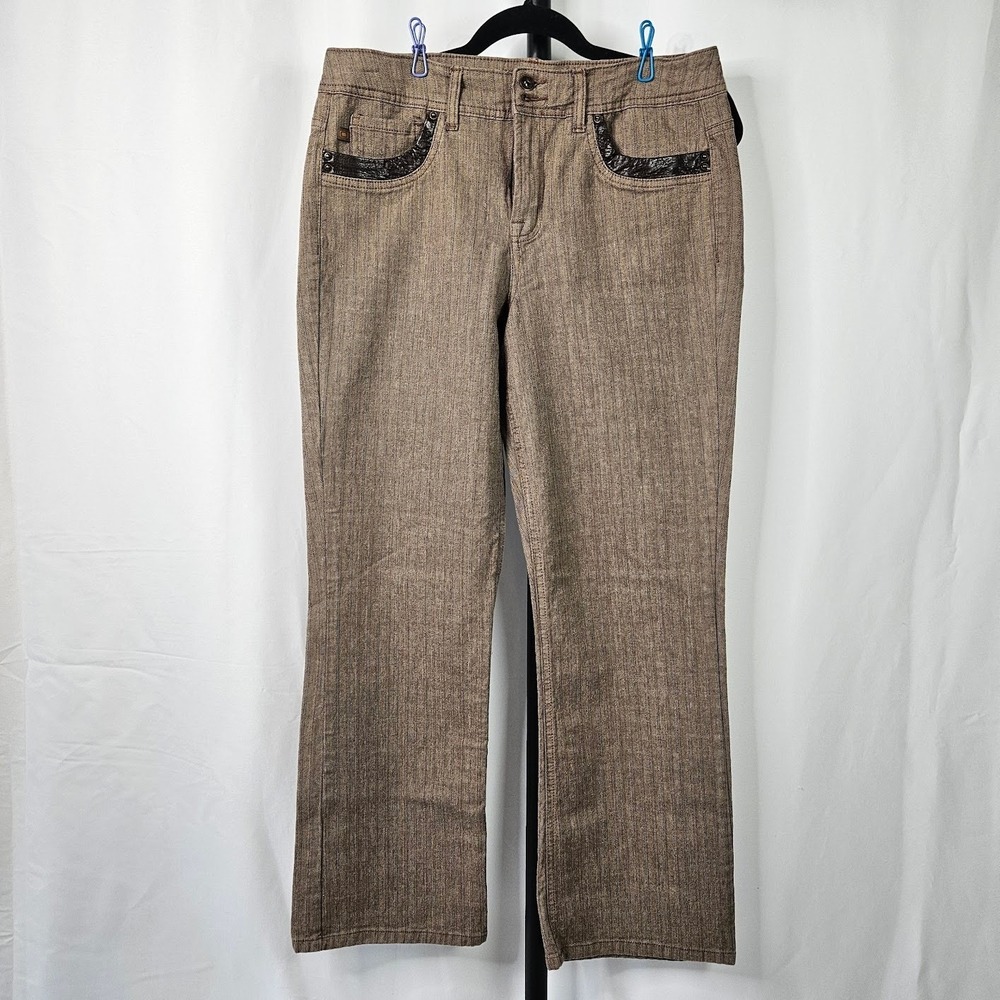 Bandolino Blu Womens Brown Textured Straight Leg Pants Faux Leather Trim Size 12
